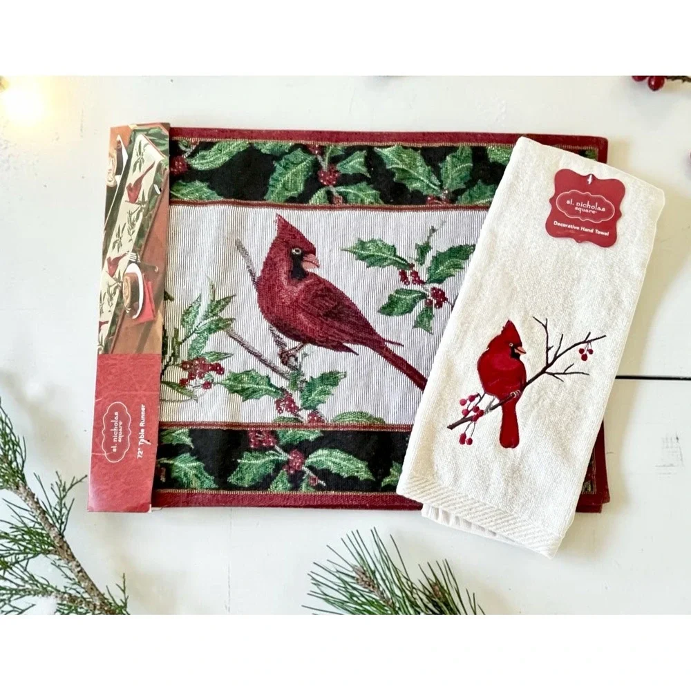 Vtg St Nicholas Square Cardinal Tapestry Christmas TABLE RUNNER & 1 Dish Towel
